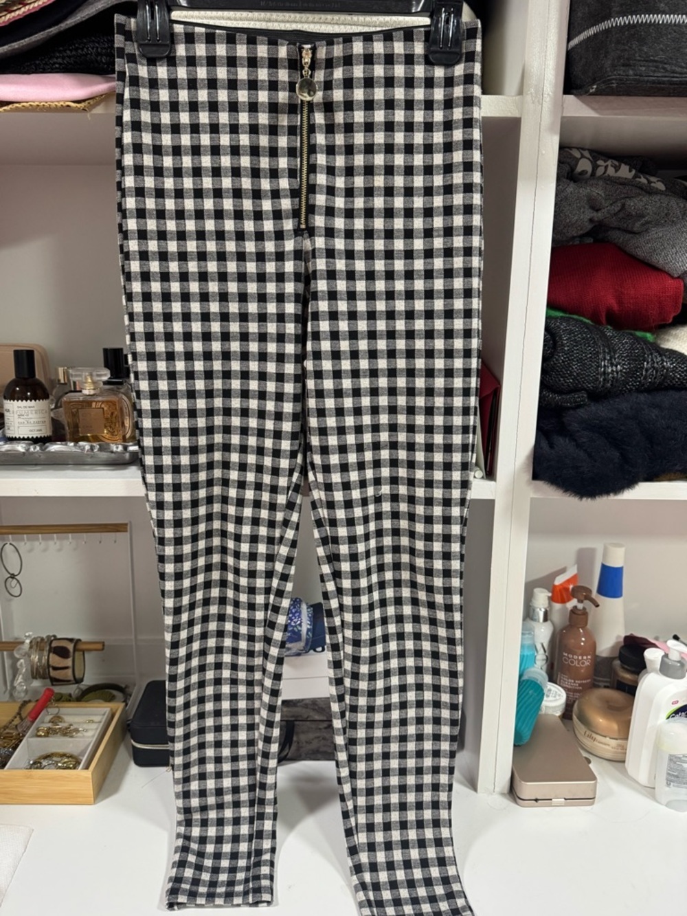 ZARA Black White Gingham Pants Medium Zip Front Slim Fit Chic - Picture 3 of 5
